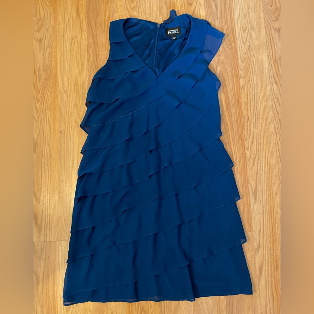 Adrianna Papell Navy Blue Chiffon Ruffle Sleeveless Dress Tiered